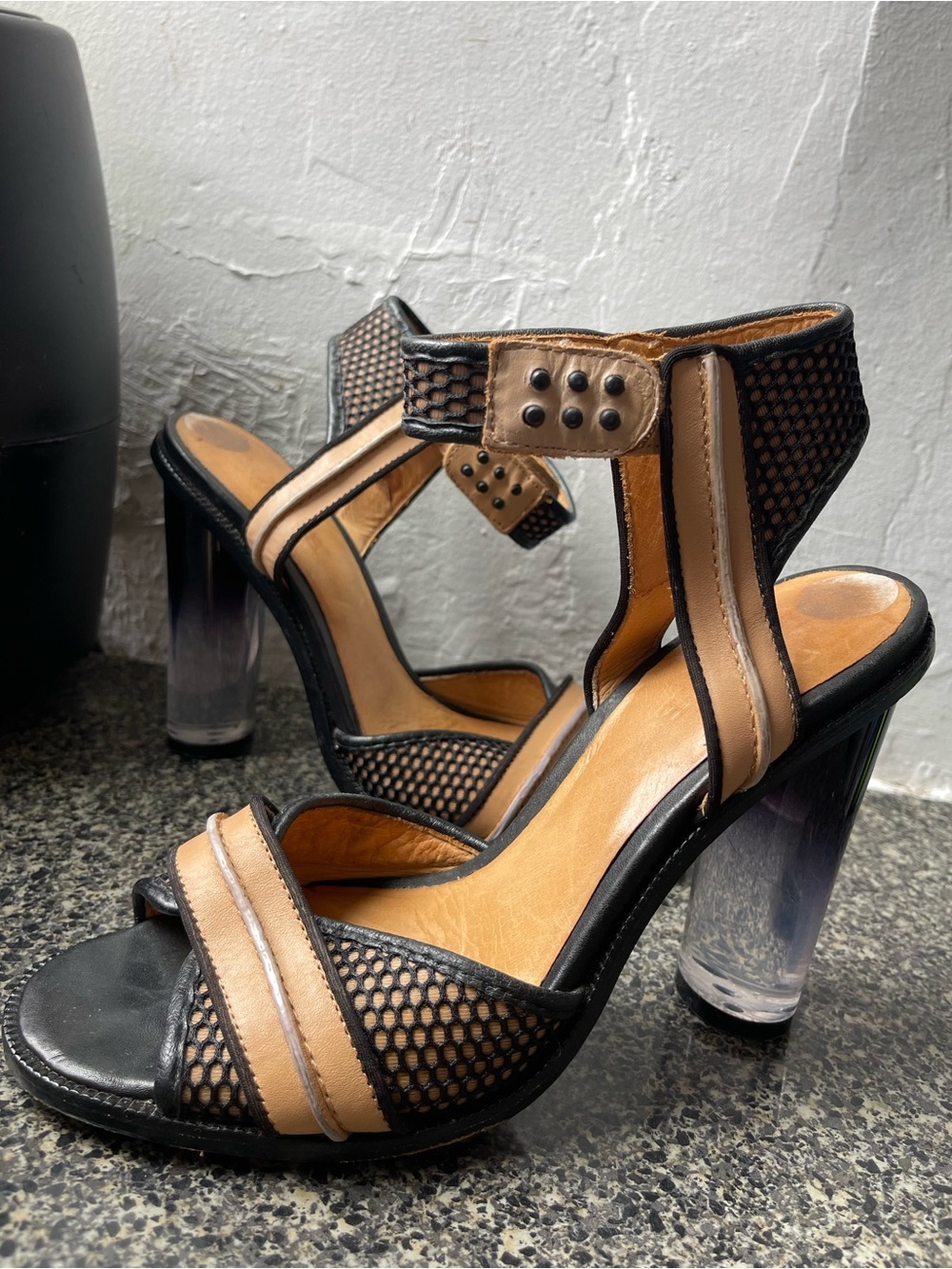 LAMB Tan and Black Mesh clear High-Heel Sandals
